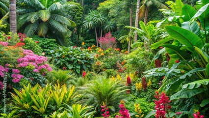 Tropical plant jungle with lush green foliage, vibrant flowers, and exotic trees, tropical, plant, jungle, lush, green