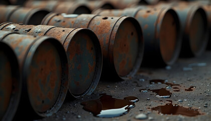 Row of Rusty Barrels Leaking Dark Liquid