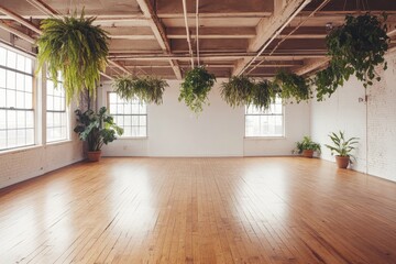 Fototapeta premium A spacious room with wooden floors and hanging plants, creating a serene atmosphere.