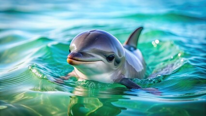 Fototapeta premium Adorable baby dolphin swimming playfully in the ocean, baby, dolphin, animal, cute, underwater, marine, mammal, aquatic, wildlife