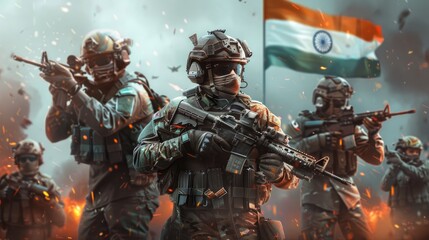 A digital painting of a soldier in full gear, holding a rifle and wearing protective equipment against the backdrop of India flag.