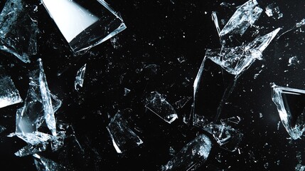 Shattered glass pieces scattered on a black background.