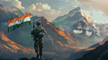 A photo of a soldier in front, wearing camouflage and holding a weapon with the flag of India flying behind him. The background is mountains.