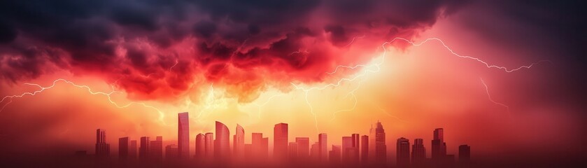 Fototapeta premium A dramatic skyline under ominous clouds, illuminated by vibrant stormlight, capturing the beauty and power of nature.