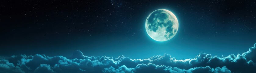 A mesmerizing night sky featuring a luminous moon above soft, fluffy clouds, creating a serene and mystical atmosphere.