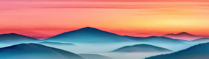 Fototapeta premium A serene landscape of rolling hills under a vibrant sunset sky, showcasing hues of blue, pink, and orange, perfect for tranquility.