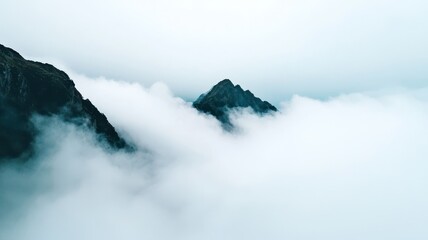 Obraz premium A serene mountain landscape shrouded in mist, where peaks emerge softly through a blanket of clouds, evoking tranquility.