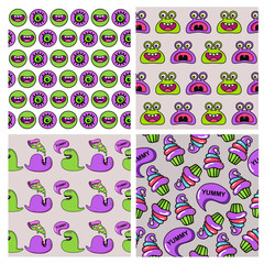 set of funny cartoon seamless patterns