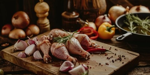 Fototapeta premium Raw chicken drumsticks placed on a wooden cutting board alongside onions, peppers, and seasonings.