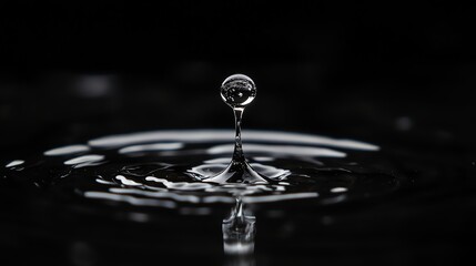 A single drop of water frozen in mid-air as it falls and creates ripples in the water.
