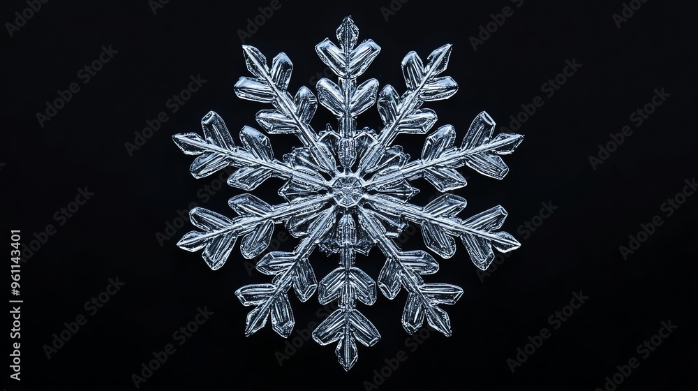 Poster a single snowflake with intricate details, isolated on a black background.