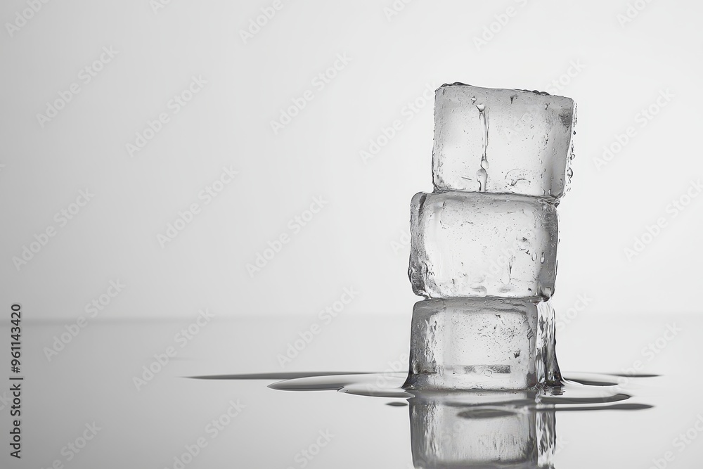 Poster a stack of ice cubes on a reflective surface with melting water.