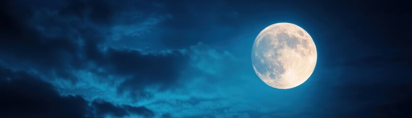A stunning view of a bright moon against a dramatic cloudy sky, creating a serene and mystical nighttime atmosphere.