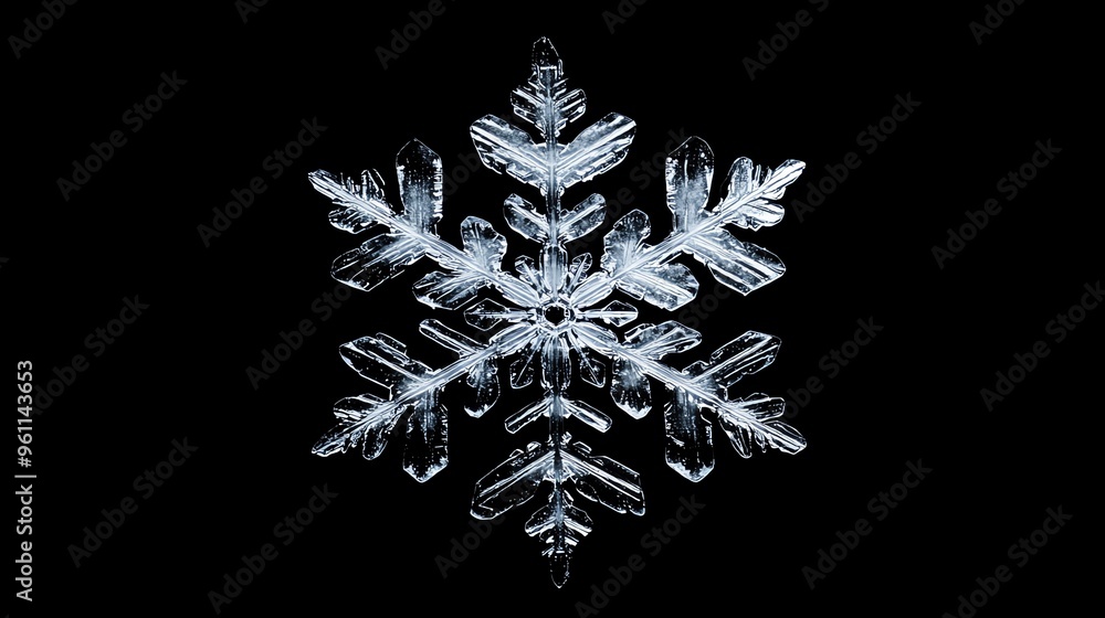 Poster a single snowflake, showcasing its intricate and delicate structure against a black background.