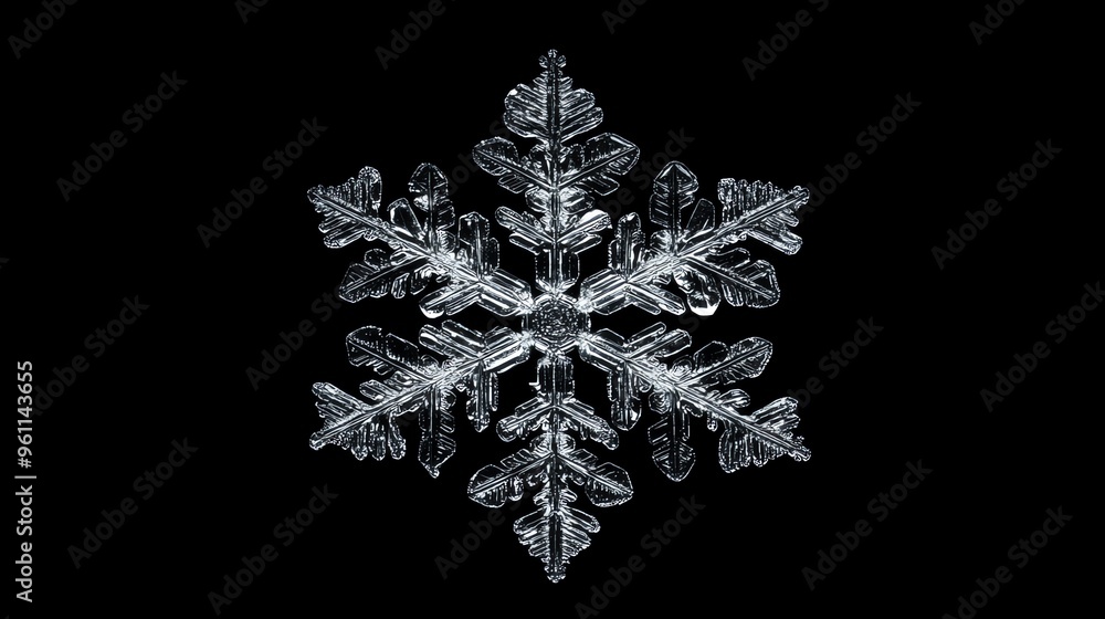Poster a single snowflake with intricate detail isolated on a black background.