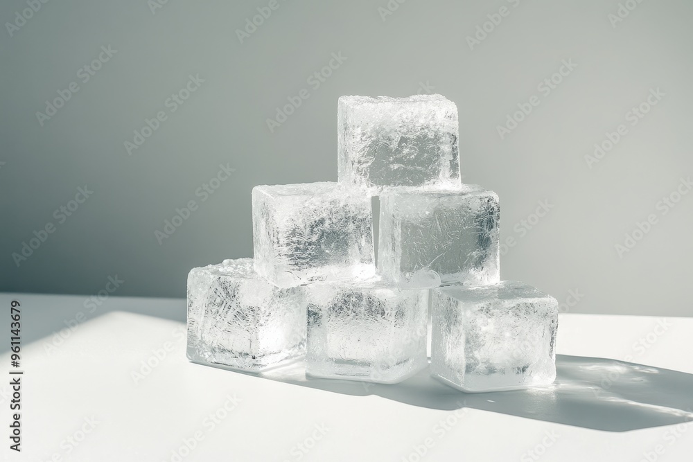 Poster a stack of clear ice cubes arranged artistically on a surface.
