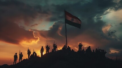 A cinematic shot of soldiers with the flag and weapons, showcasing strength and unity in front of the Indian flag flying high above them.