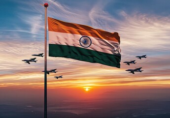 Cinematic wallpaper of Air Force silhouettes flying over the national flag with sunrise in the background, Indian flag, clean background, hyper realistic, high resolution.