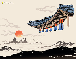 Beautiful Korea, majestic sunrise and Maisan peak, lanterns on the eaves of Hanok, nature landscape, ink painting, Korean traditional painting vector illustration.