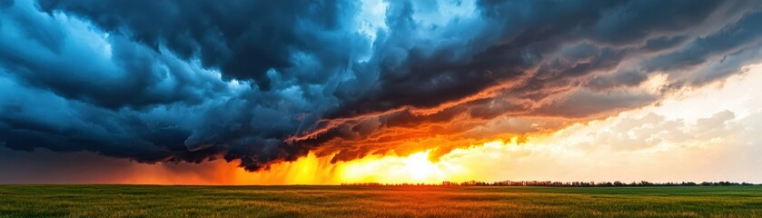 Obraz premium Dramatic storm clouds gather over a vibrant sunset, showcasing nature's power and beauty in an expansive landscape.