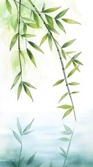 Obraz premium Bamboo by a serene lake, watercolor reflections adding depth and fluidity to the nature-inspired landscape