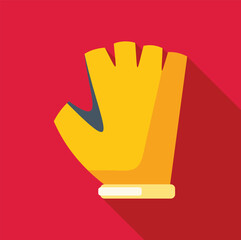 Obraz premium Yellow goalkeeper glove protecting hand during soccer match, flat vector illustration with long shadow on red background