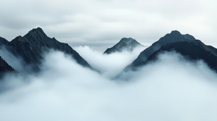 Obraz premium Majestic mountain peaks rise above a sea of soft, billowing clouds under a serene, overcast sky. A tranquil view of nature's beauty.
