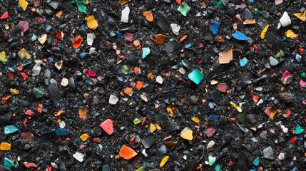 Close-up of colorful broken glass pieces on black background, creating a vibrant and textured abstract pattern.