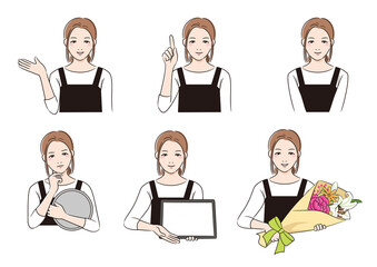 Fototapeta premium 線画人物 エプロンをした女性のポーズセット 案内 悩む タブレットで説明 花束を持つ 