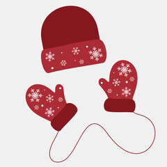 Santa Claus Red hat and mittens with snowflakes pattern. Warm accessory for winter. Decorative element for Christmas design. Flat vector illustration.