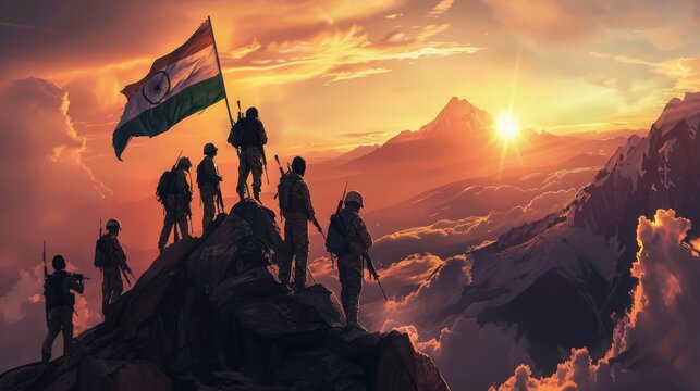 A group of soldiers in uniform stand on top of a mountain holding an Indian flag sunset behind them on the sky.