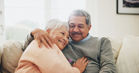 Hug, relax and senior couple in house, love and care with retirement, happiness and bonding...