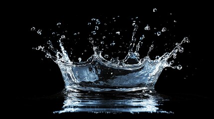 A water droplet creates a dynamic crown-shaped splash on a black background.