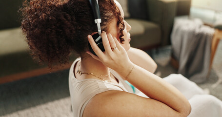 Yoga, woman and music in home for fitness, wellness or self affirmation audio for positive mental...