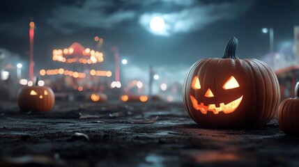 Spooky Halloween scene with glowing pumpkins under a full moon, capturing the spirit of the festive season.