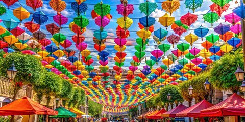 Vibrant and colorful street decorations at a lively open-air summer festival