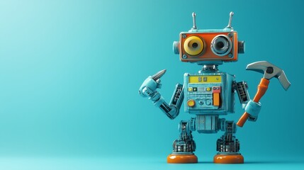 404 error page not found. Serviceman robot with hammer and pliers on blue background. Text message Something went wrong but we are working on it.