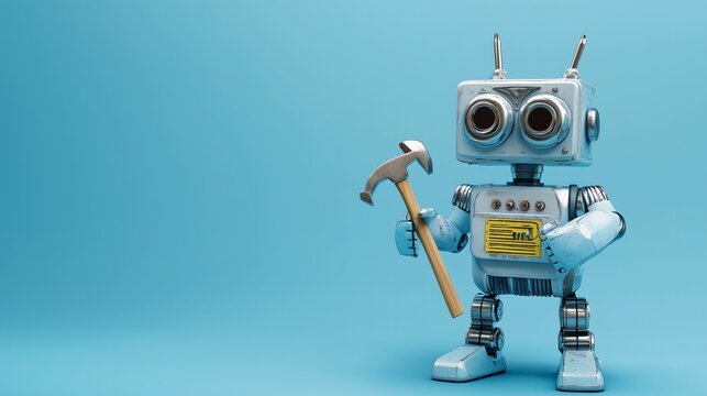 404 error page not found. Serviceman robot with hammer and pliers on blue background. Text message Something went wrong but we are working on it.