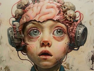 A young child with an exposed brain, surrounded by skulls and mechanical parts.