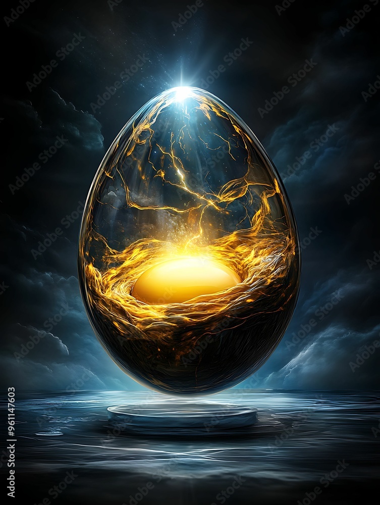 Poster illuminated metamorphosis - abstract digital painting of yolk transforming into light source in firs