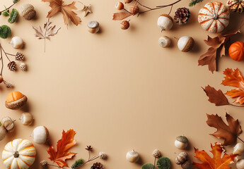 Autumn Decorations Featuring Acorns, Pumpkins, and Leaves on Beige Background with copy space