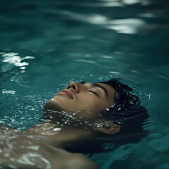 A person floating in a warm pool, eyes closed, fully immersed in Relaxation and calm energy.