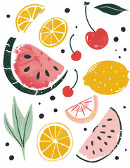 Colorful Fruit Illustration Featuring Watermelon, Cherries, and Citrus Slices
