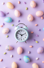 Pastel Easter Eggs and Blue Alarm Clock on Purple Background