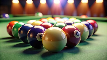 Pool balls set up on a pool table, pool, billiards, balls, game, competition, leisure, recreation, sports, colorful, striped, solid