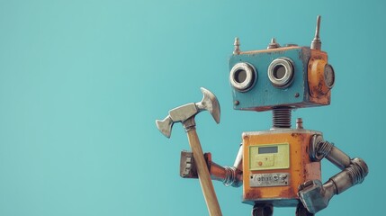 404 error page not found. Serviceman robot with hammer and pliers on blue background. Text message Something went wrong but we are working on it.