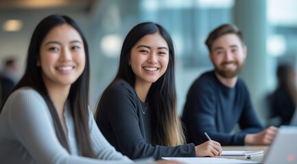 Fototapeta premium Three diverse young professionals sitting at an office table, smiling and having a meeting.