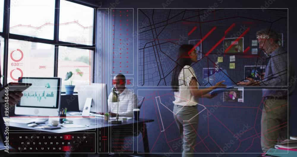 Poster business team collaborating in office with data analytics animation over workspace