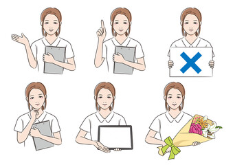 線画人物　看護師女性のポーズセット　案内　悩む　タブレットで説明　注意　花束を持つ　
