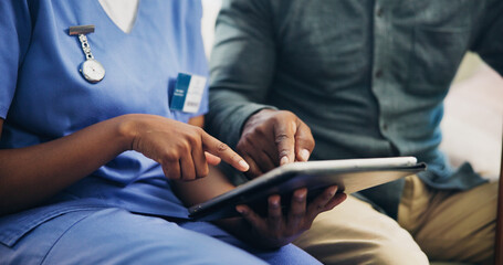 Woman, nurse and hands with patient on tablet for telehealth, prescription or medical history at...